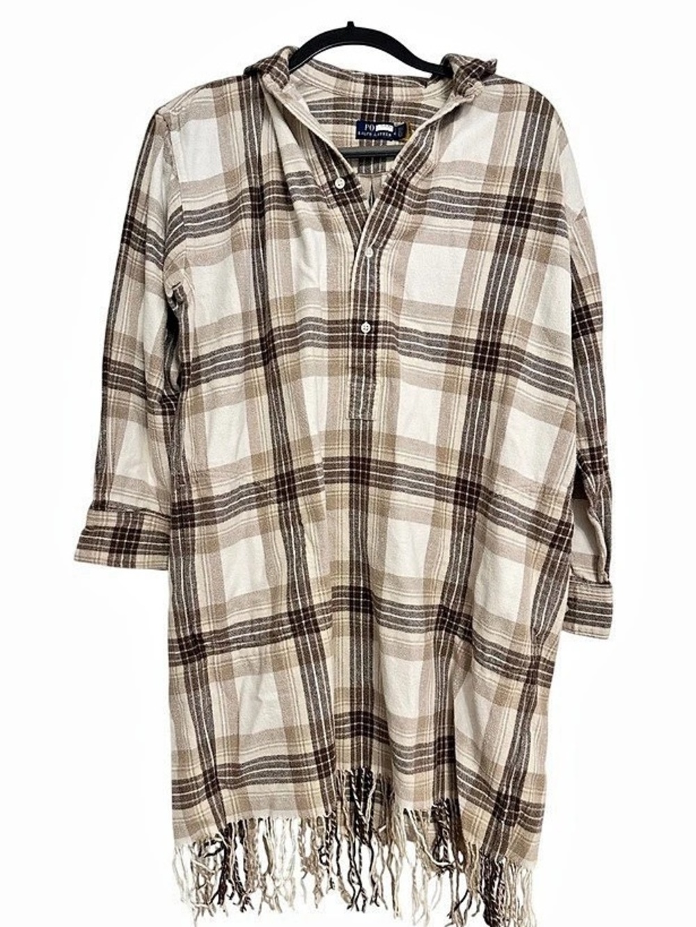Polo Ralph Lauren Plaid Fringe Cape in Brown & Cream Like New